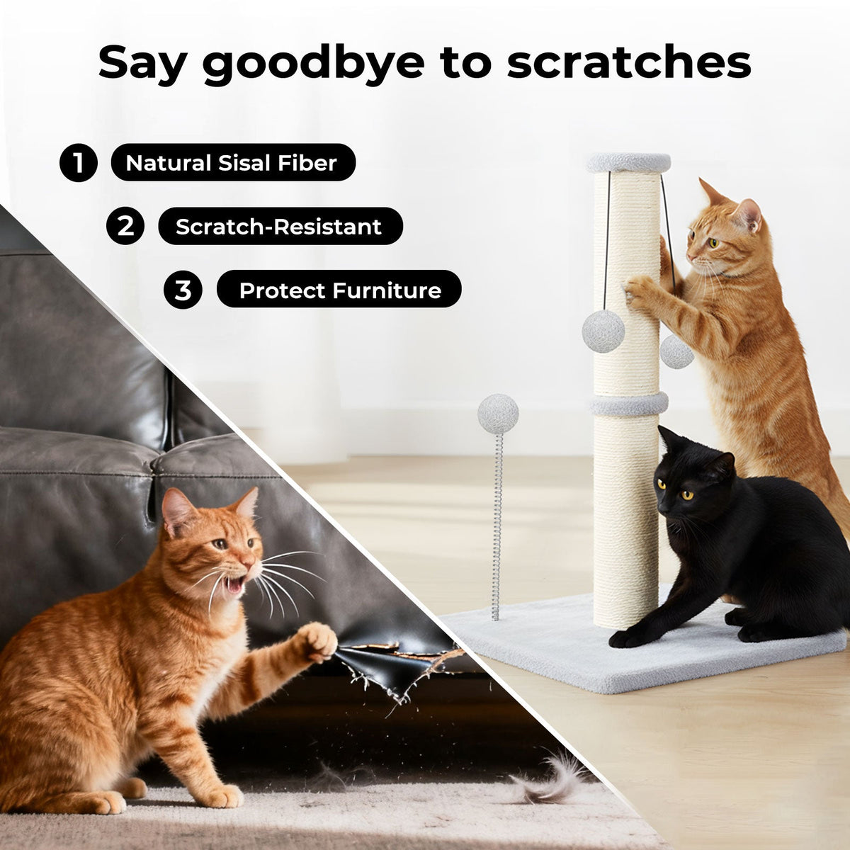 Cat Scratcher Tower Scratching Post Natural Sisal Kitten 3 Ball Toys 51cm