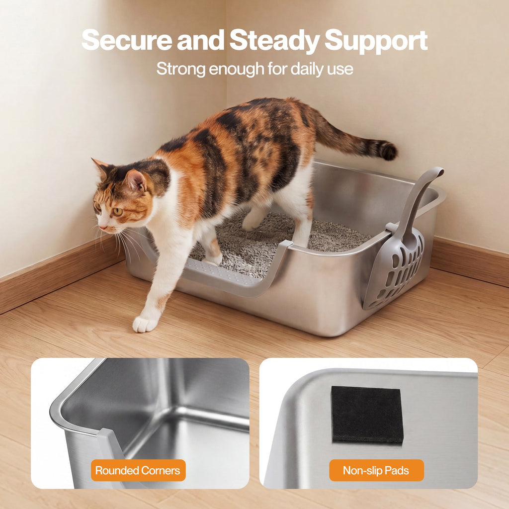 Stainless Steel Cat Litter Box Low Entry Tray Non-Stick Easy to Clean