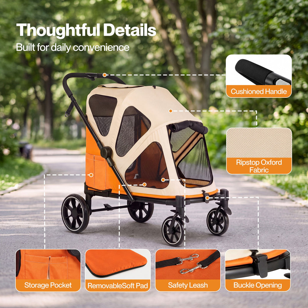 Dog Stroller Pet Pram Foldable Mesh Ventilated Seat Safety Leash Orange