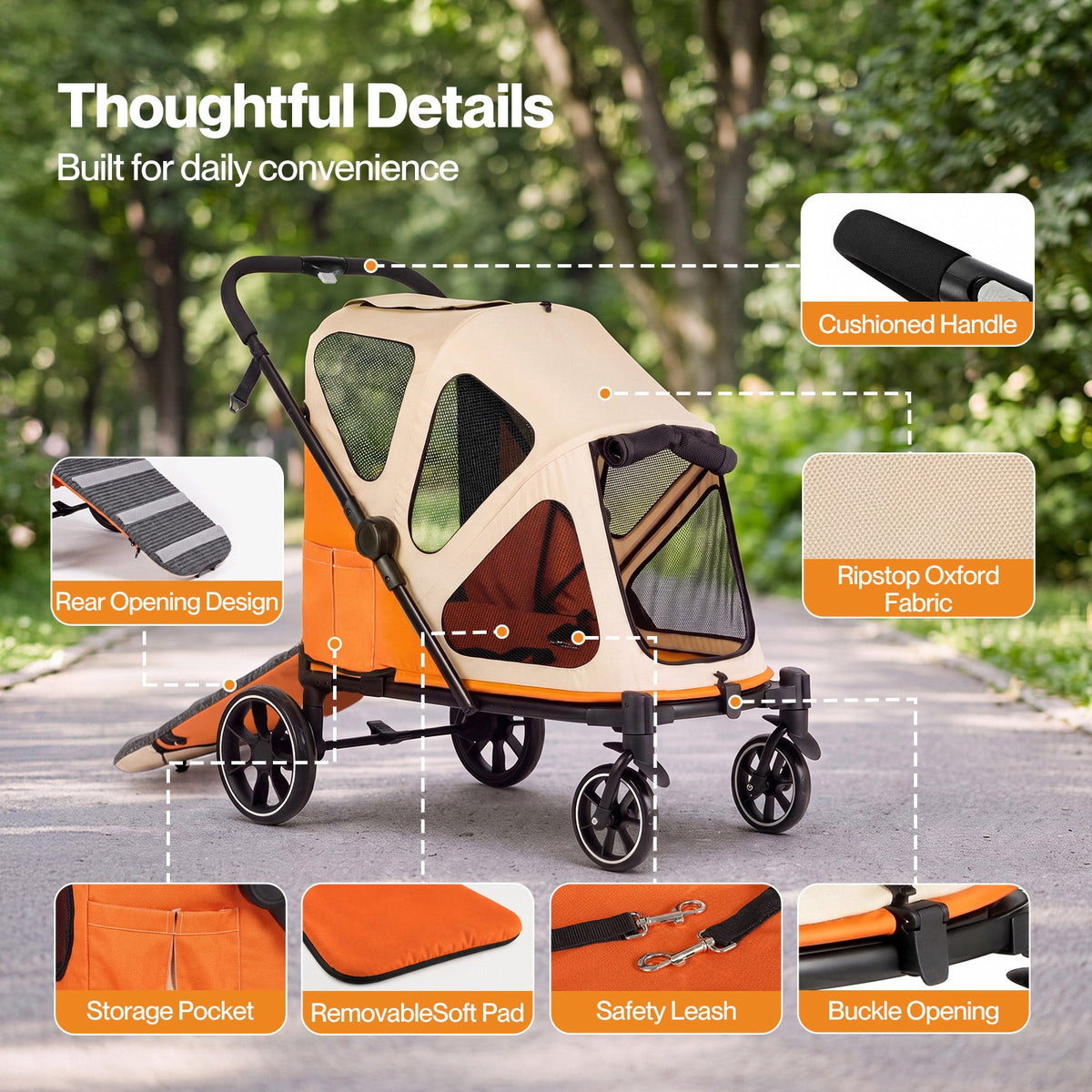 Dog Stroller Pet Pram Fold Shock Absorbing Wheels Outdoor Travel Orange