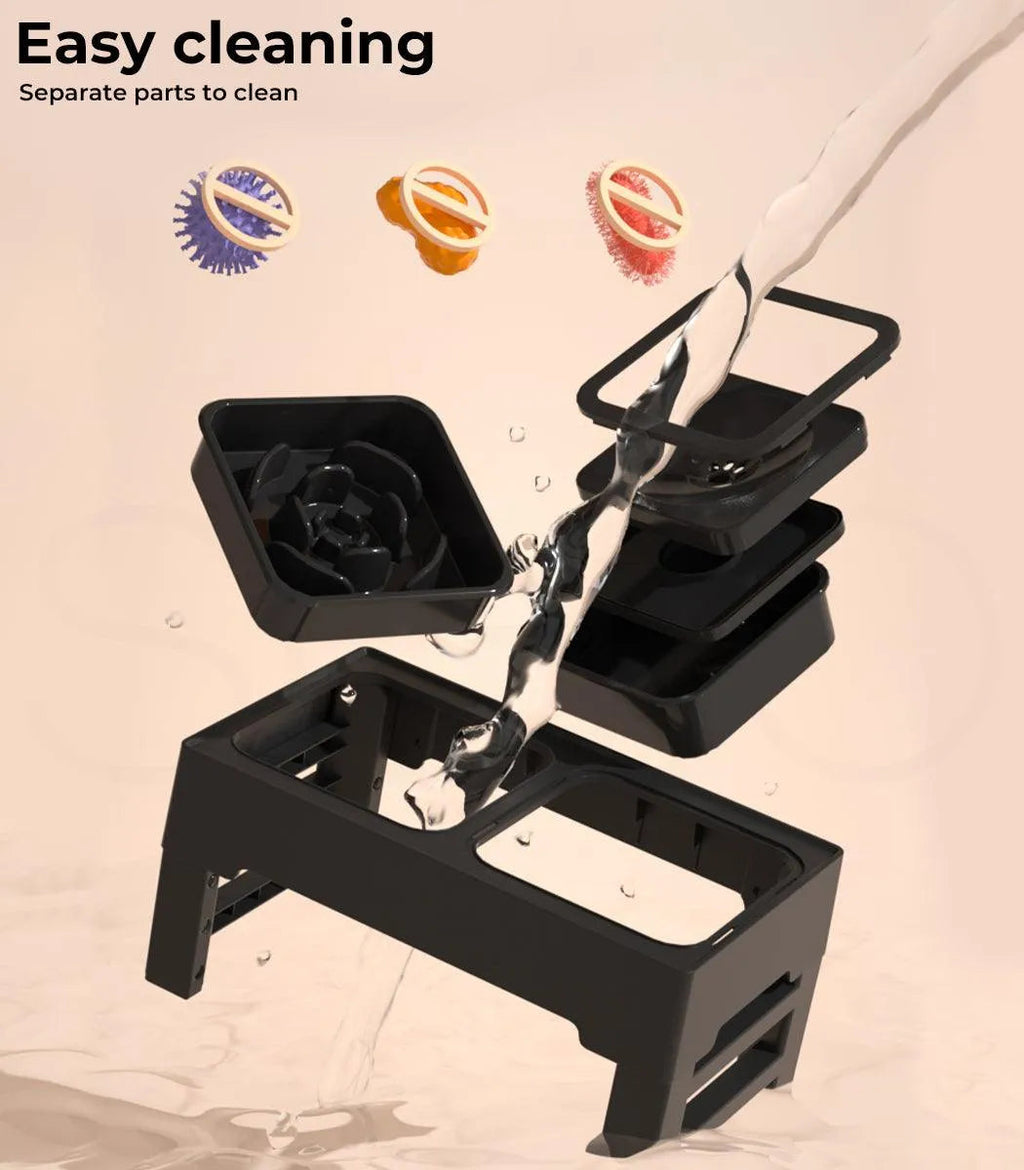 Raised Pet Feeder with No-Spill Slow Feeder Bowl