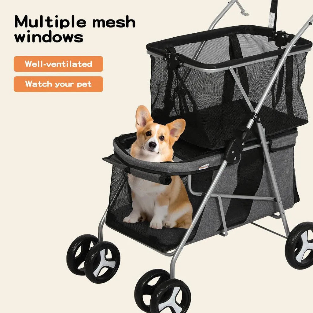 Pet Stroller 2-Tier Pram Dog Cat Carrier Foldable Large 4 Wheels Shopping