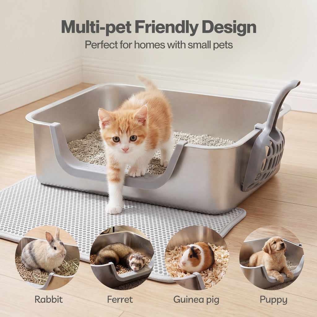 Stainless Steel Cat Litter Box Low Entry Tray Non-Stick Easy to Clean