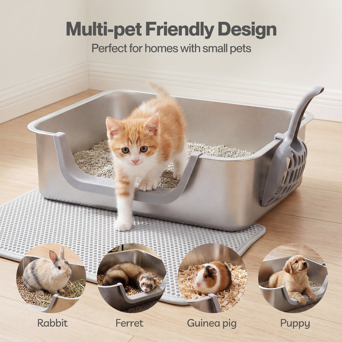Stainless Steel Cat Litter Box Low Entry Tray Non-Stick Easy to Clean