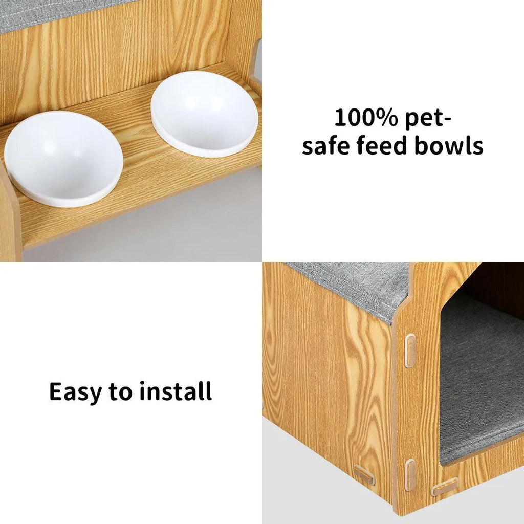 Wooden House Cat Elevated Double Feeder