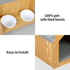 Wooden House Cat Elevated Double Feeder