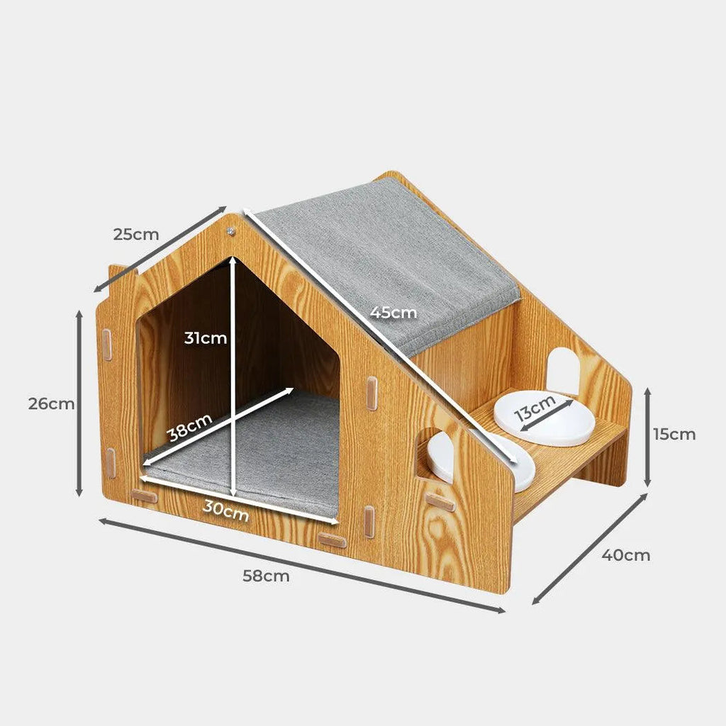 Wooden House Cat Elevated Double Feeder