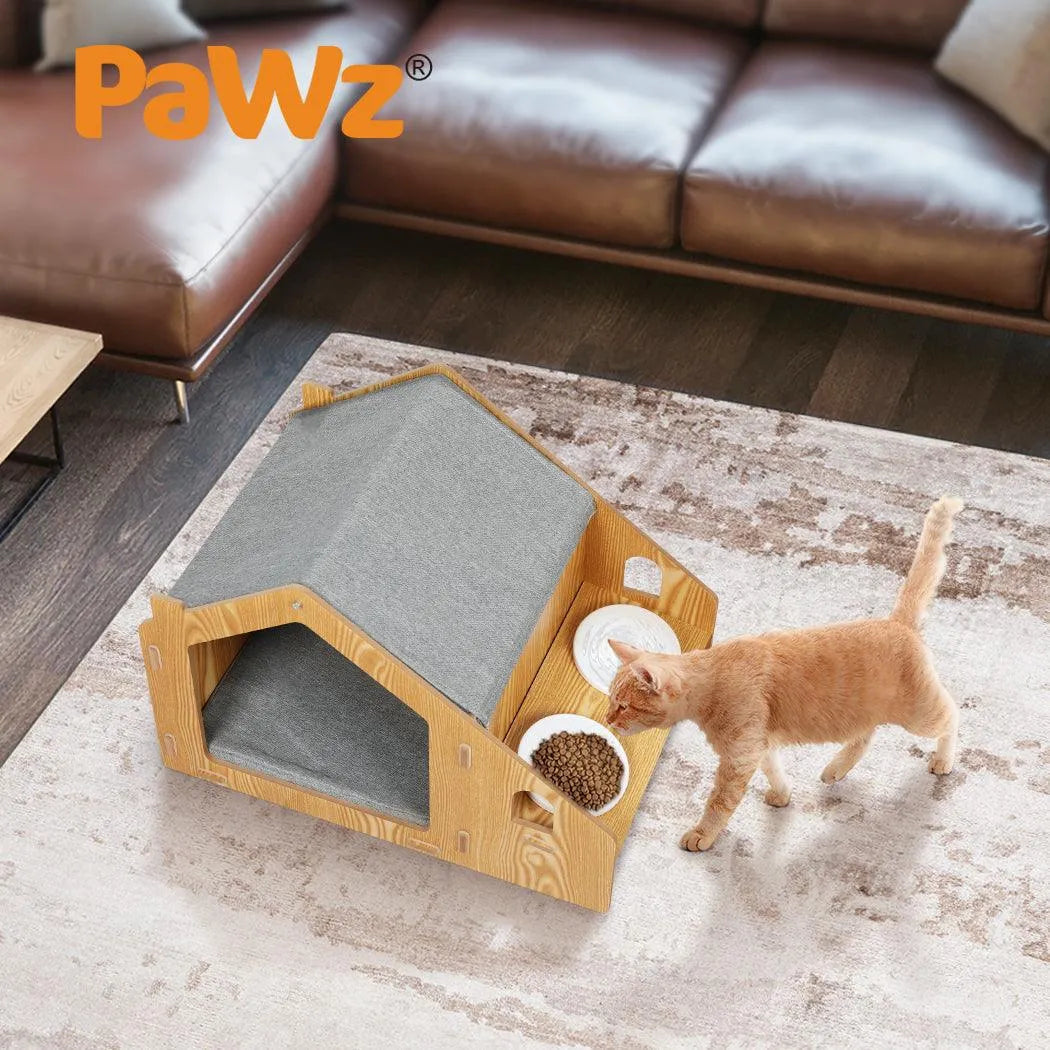 Wooden House Cat Elevated Double Feeder