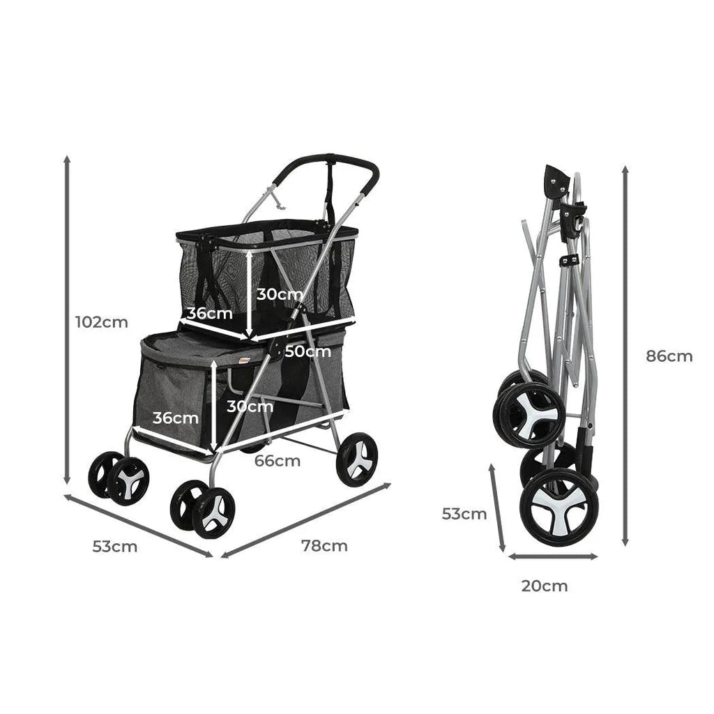 Pet Stroller 2-Tier Pram Dog Cat Carrier Foldable Large 4 Wheels Shopping