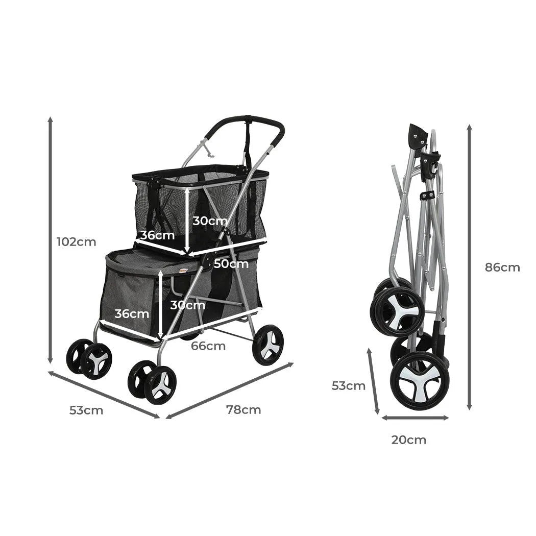 Pet Stroller 2-Tier Pram Dog Cat Carrier Foldable Large 4 Wheels Shopping