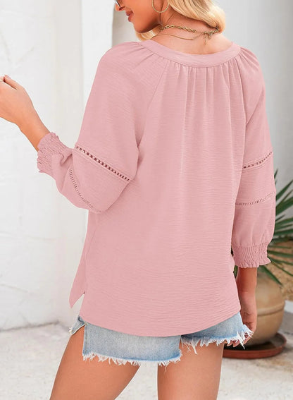 💥Last Day Special Sale 70% OFF👚Womens 3/4 Lantern Sleeve Casual V-Neck T-Shirts Pleated Loose Hollow-Out Blouse