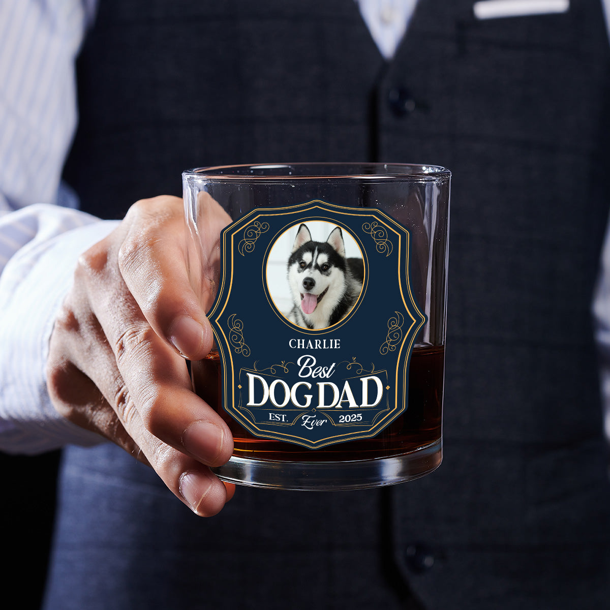 Dog Dad Est Photo - Personalized Engraved Whiskey Glass