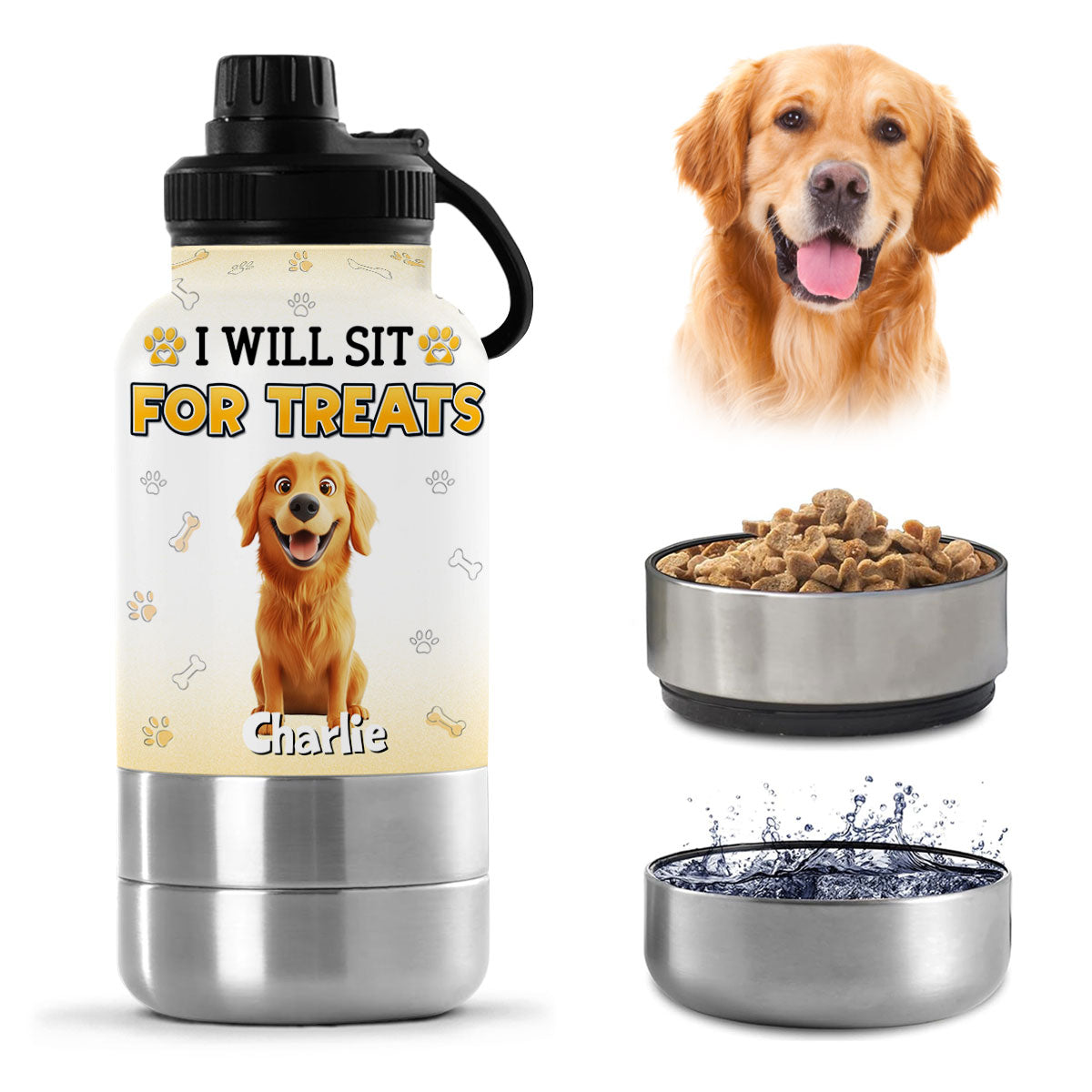 Will Sit For Treats - Personalized 30oz Water Bottle With Pet Bowl
