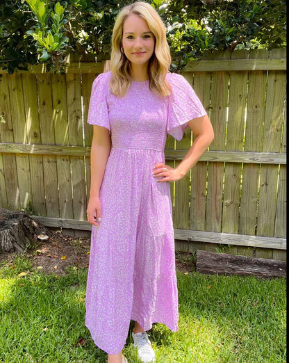 ⏰Summer Hot Sale 70% OFF👗Women's Casual Floral Print Short Flutter Sleeve Smocked High Waist Flowy Maxi Dress