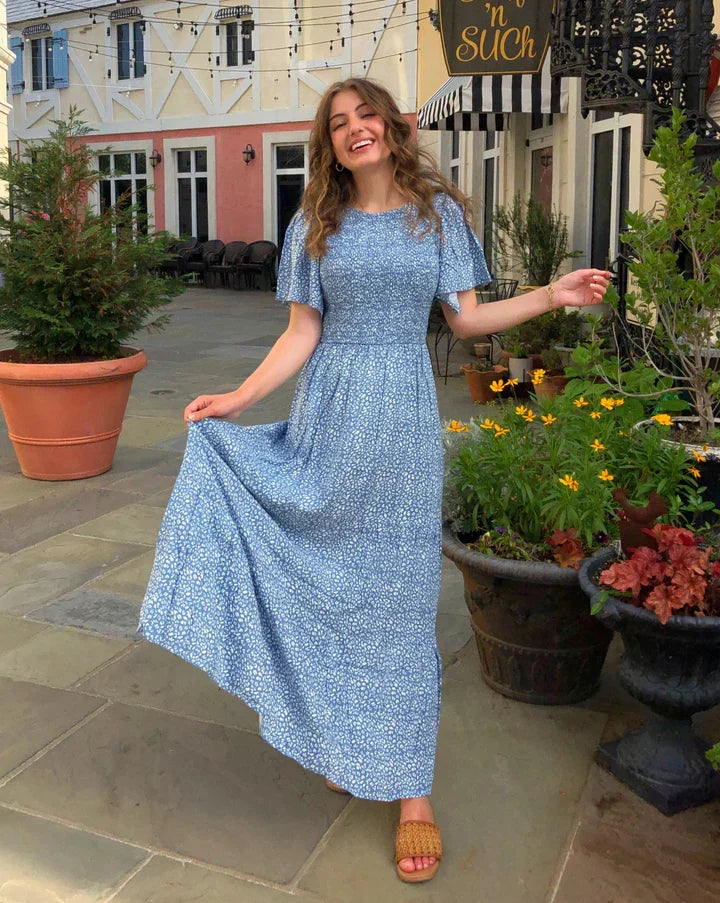 ⏰Summer Hot Sale 70% OFF👗Women's Casual Floral Print Short Flutter Sleeve Smocked High Waist Flowy Maxi Dress