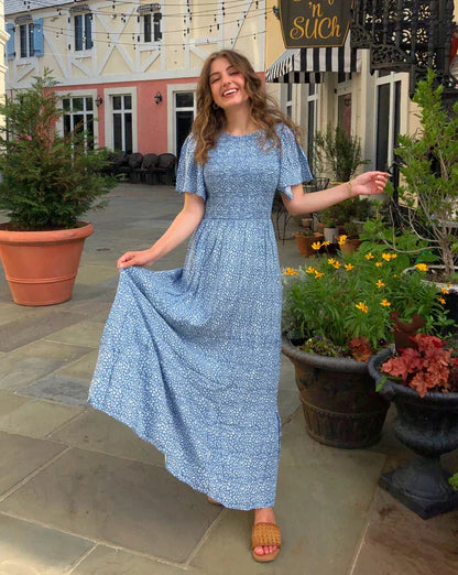 ⏰Summer Hot Sale 70% OFF👗Women's Casual Floral Print Short Flutter Sleeve Smocked High Waist Flowy Maxi Dress
