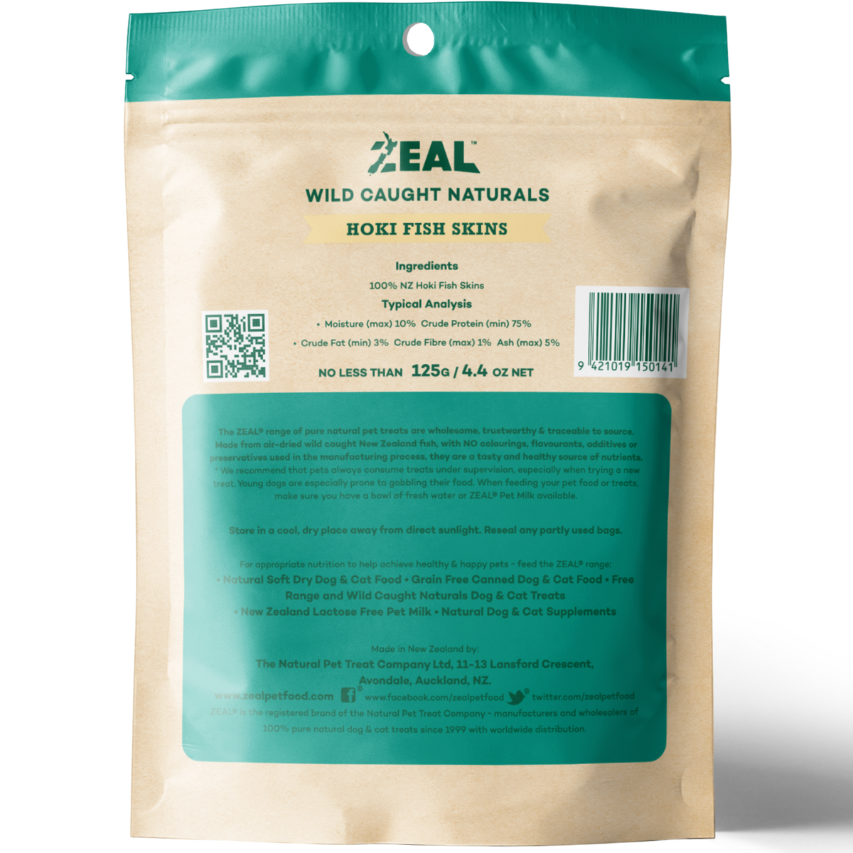 Zeal Free Range Naturals Hoki Fish Skins Pet Treats 125g