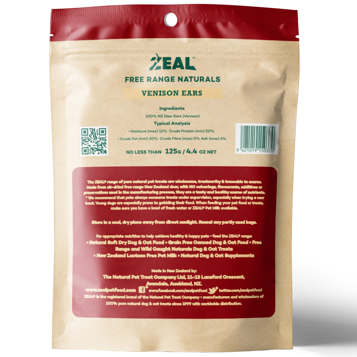 Zeal Free Range Naturals Venison Ears Pet Treats 125g