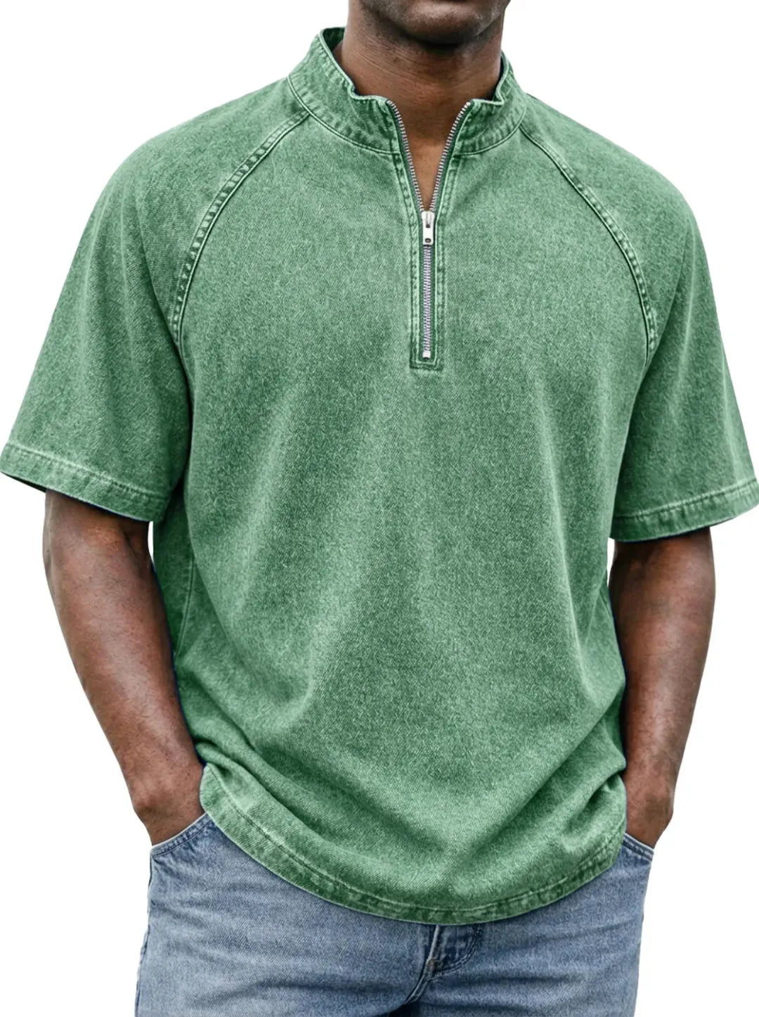 Men's Casual Quarter-Zip Stand Collar Short Sleeve Tee