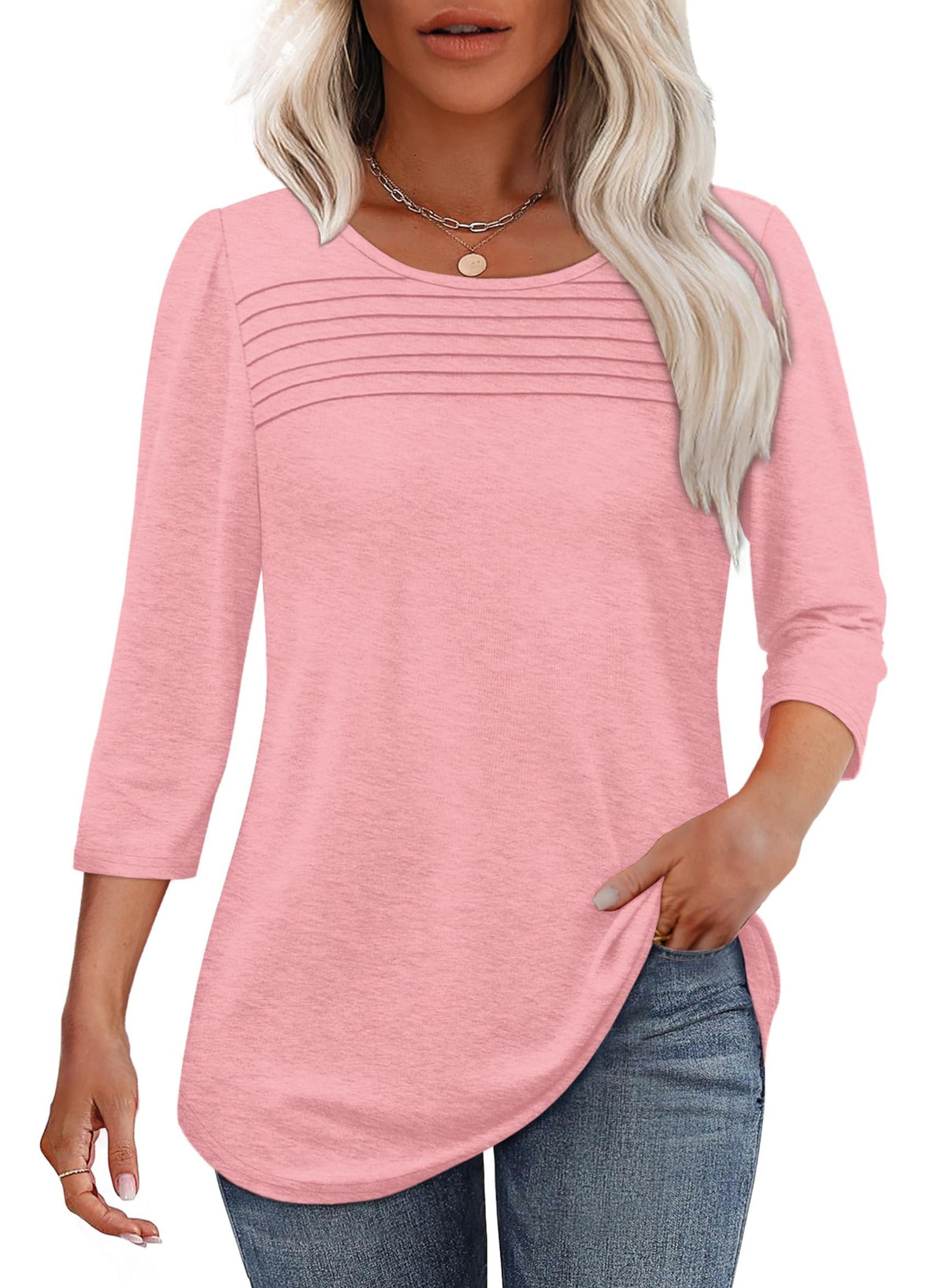 🔥Last Day 60% OFF🔥 2025 Women's 3/4 Length Sleeve Top Pleated Front T-Shirt