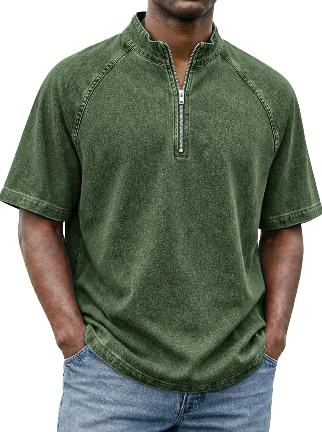 Men's Casual Quarter-Zip Stand Collar Short Sleeve Tee
