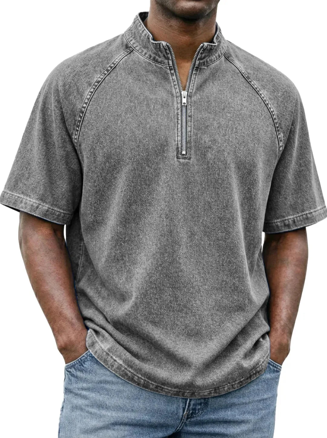 Men's Casual Quarter-Zip Stand Collar Short Sleeve Tee