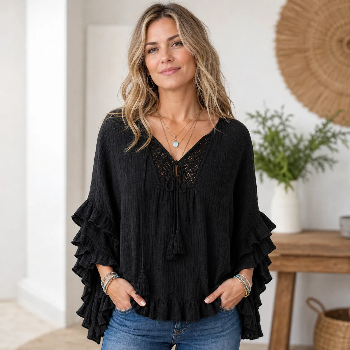 ⏰ ⚡10 Pack for $28⚡Women's Boho Ruffle Lace Tie-Neck Blouse