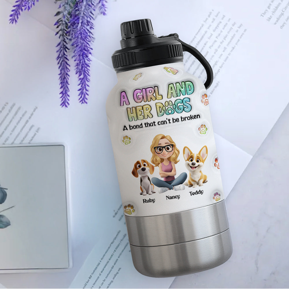 A Girl And Her Dog - Personalized 3D Inflated Effect 30oz Water Bottle With Pet Bowl