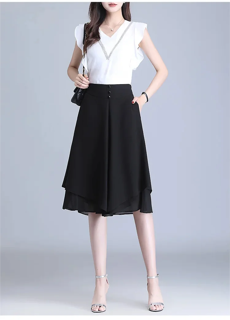 🔥Women's High Elastic Waist Pleated With Pockets Chiffon Wide Leg Culottes