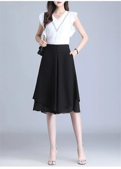 🔥Women's High Elastic Waist Pleated With Pockets Chiffon Wide Leg Culottes
