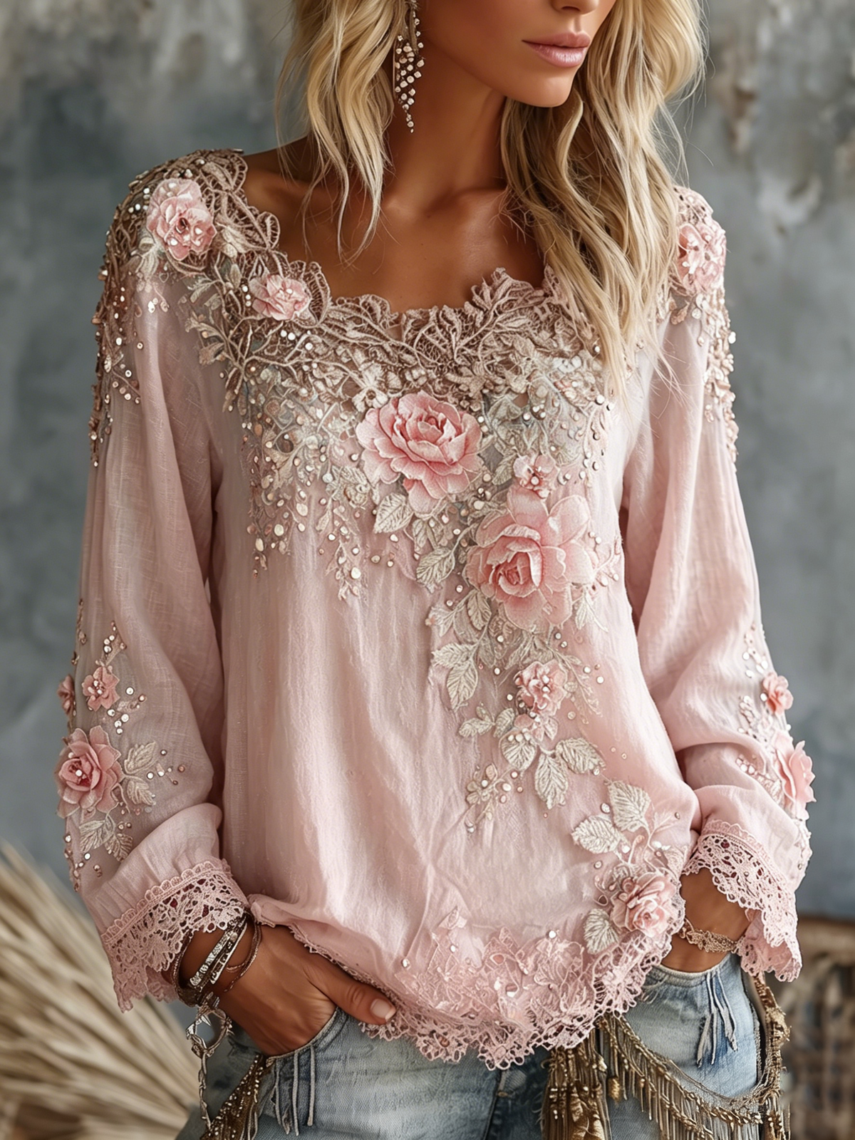 Women's Vintage Rose Floral Art Crew Neck Long Sleeve Linen T-shirt