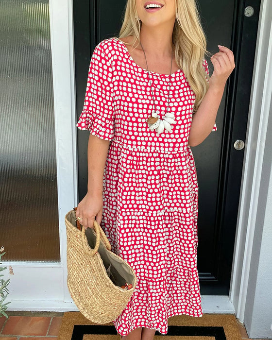 ☄️Summer Sale 50% OFF🎉Round Neck Polka Dot Print Midi Dress