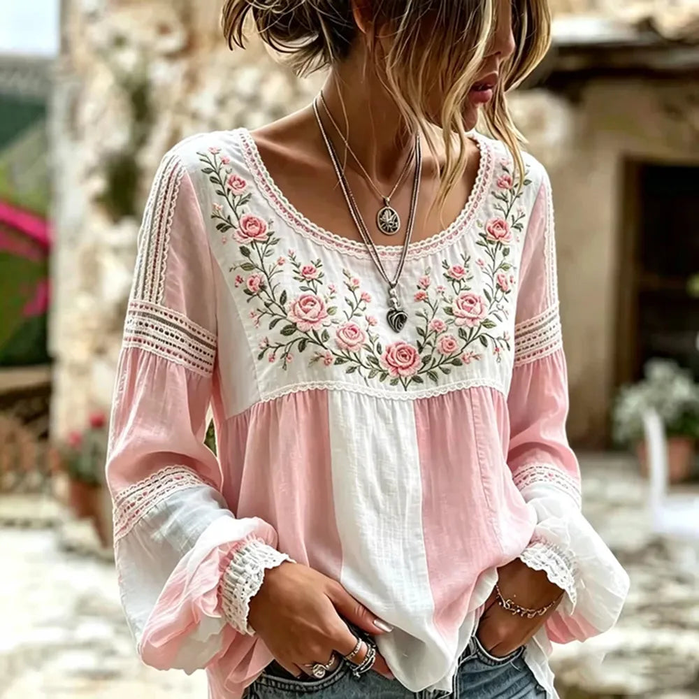 Women's Retro Rose Art Embroidery Color Block Comfortable Cotton Linen Long Sleeve Top