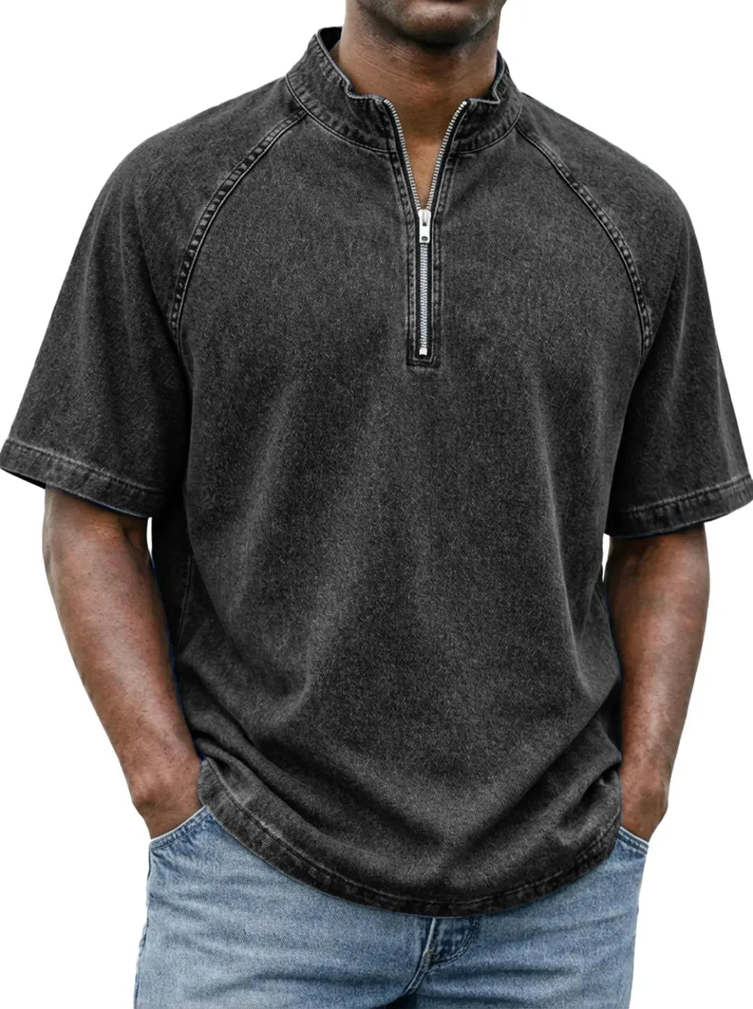 Men's Casual Quarter-Zip Stand Collar Short Sleeve Tee