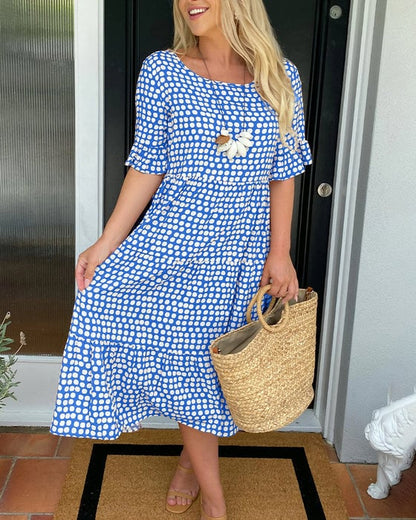 ☄️Summer Sale 50% OFF🎉Round Neck Polka Dot Print Midi Dress