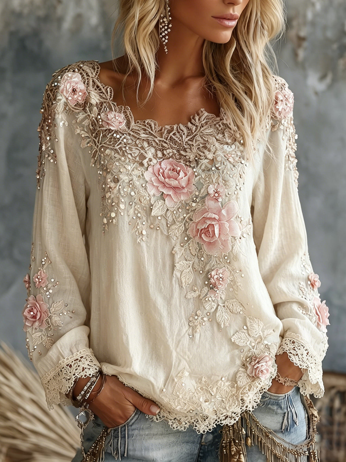 Women's Vintage Rose Floral Art Crew Neck Long Sleeve Linen T-shirt