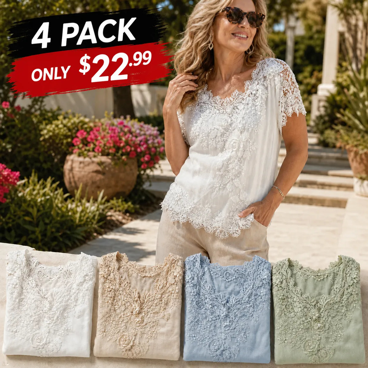 8 Pack Only$29.99-Women's Lace Embroidered Short Sleeve Top