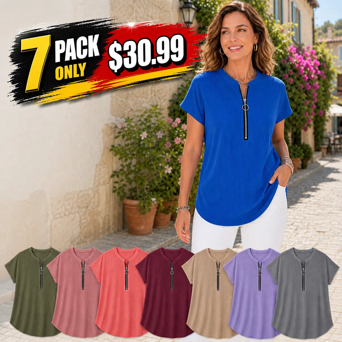 Women's Pleated Zip-Neck Short Sleeve Top
