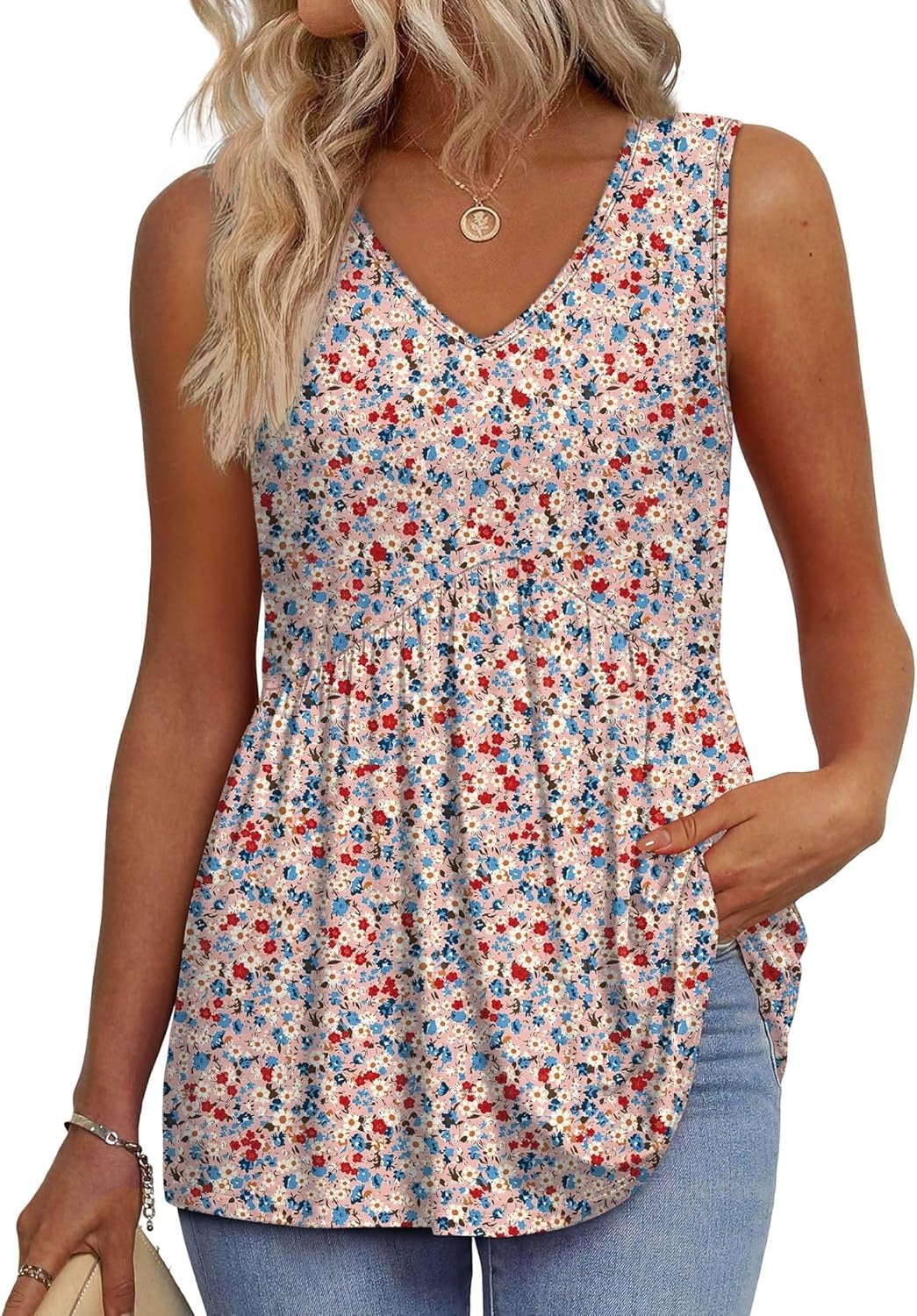 🌞HOT SALE 49% OFF👚Women's Print Flowy Sleeveless V Neck Peplum Tank Tops