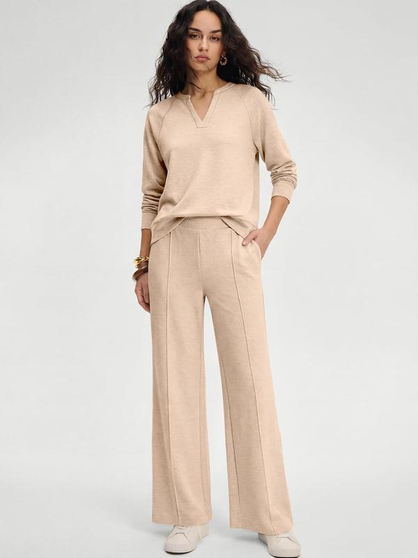 🌹LIMITED-TIME 70% OFF! 🌹Women's 2 Piece Outfits V Neck Lounge Set | Raglan Long Sleeve Top & Wide Leg Pants
