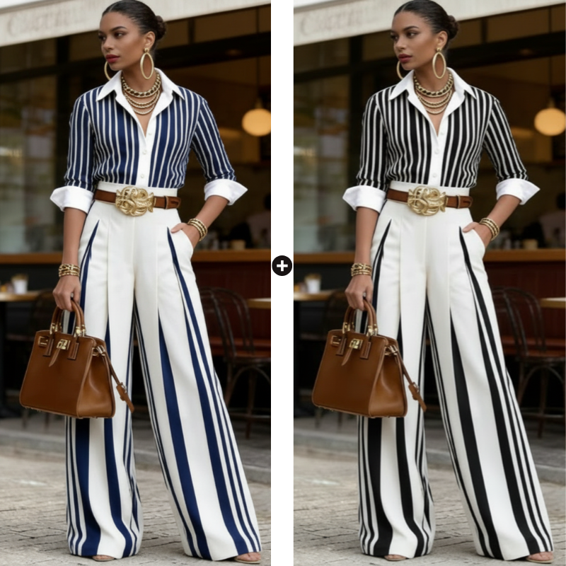 💞SUMMER HOT SALE💞50K+ SOLD!💥60% OFF! 🔥 Women's Striped Shirt & Wide-Leg Pants 2-Piece Set