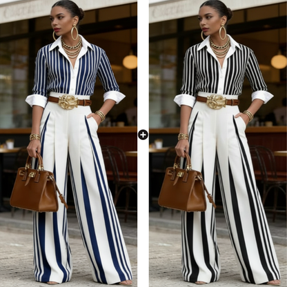 💞SUMMER HOT SALE💞50K+ SOLD!💥60% OFF! 🔥 Women's Striped Shirt & Wide-Leg Pants 2-Piece Set