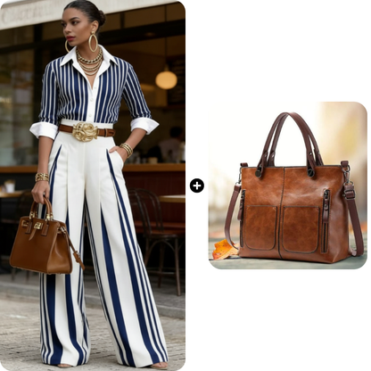 💞SUMMER HOT SALE💞50K+ SOLD!💥60% OFF! 🔥 Women's Striped Shirt & Wide-Leg Pants 2-Piece Set