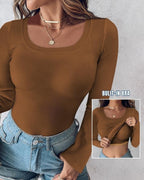 💥LAST DAY SPECIAL PRICE: ￡14.99!!🎁🔥Neck Built-in Bra Long Sleeve Ribbed Top Shirts Elegant Skinny Fit Fabric