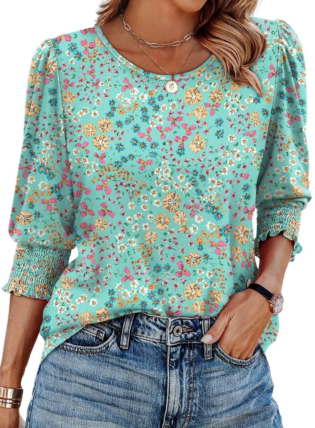 ⏰Limited Time Sale-50% OFF🏖️Women Dressy Casual 3/4 Length Sleeve Blouses with Smocked Cuffs