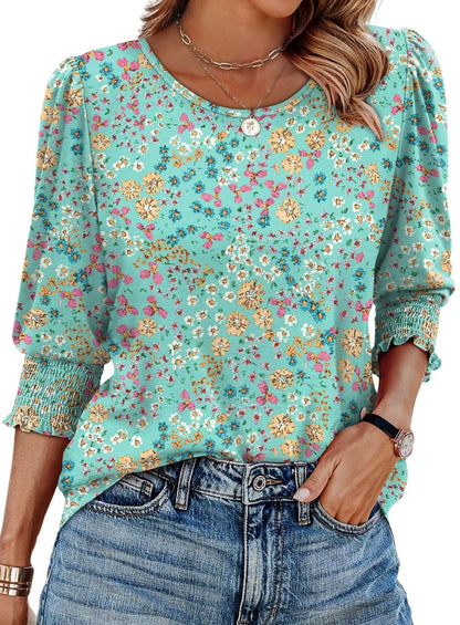 ⏰Limited Time Sale-50% OFF🏖️Women Dressy Casual 3/4 Length Sleeve Blouses with Smocked Cuffs