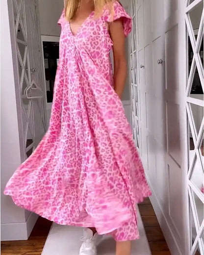🌸Spring Sale 50% OFF🍒V-neck Printed Short-sleeved Long Dress