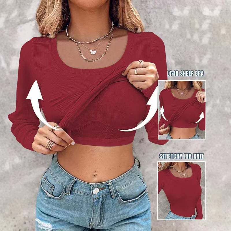 💥LAST DAY SPECIAL PRICE: ￡14.99!!🎁🔥Neck Built-in Bra Long Sleeve Ribbed Top Shirts Elegant Skinny Fit Fabric