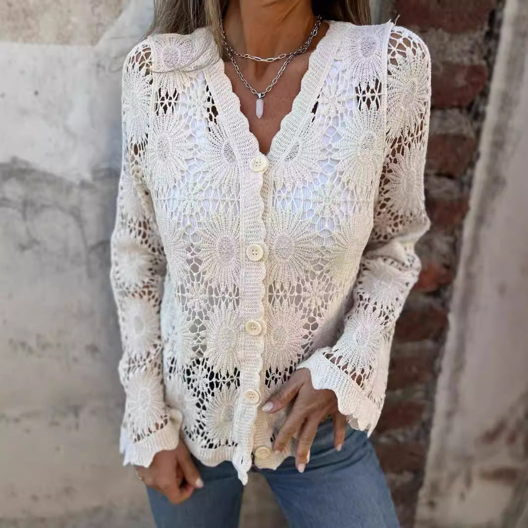 🌸 Hot Sale 50%OFF🌸Cutout Embroidered V-Neck Button Long Sleeve Top，Best gifts