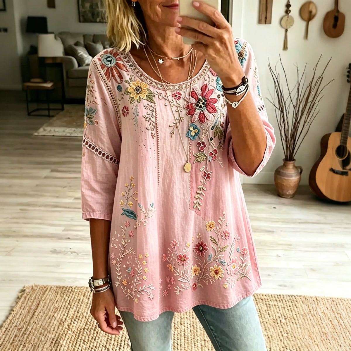 Women's Retro Floral Vacation Cotton Linen Top